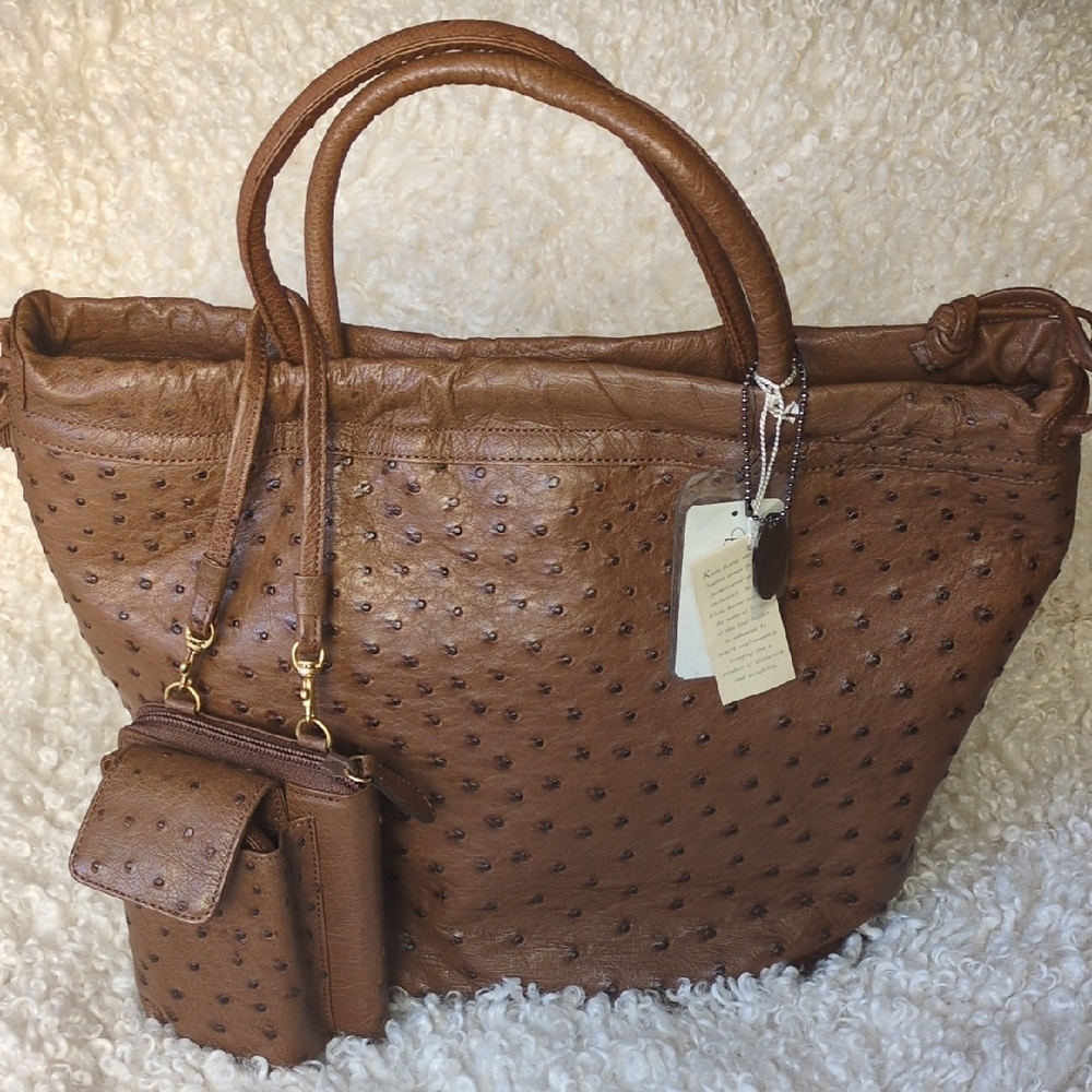JRA Genuine Ostrich Leather Tote Handbag with Detachable Pouch